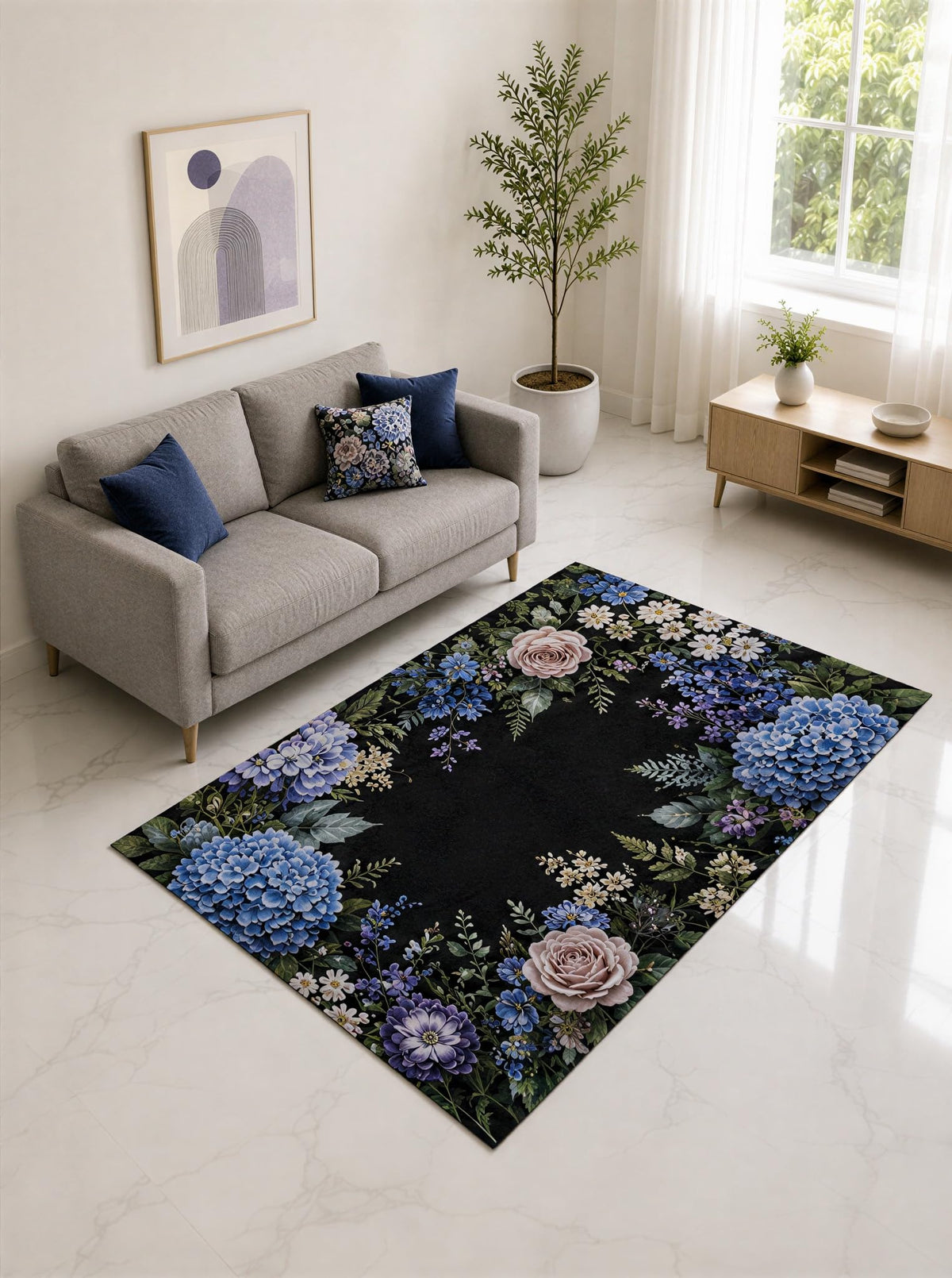 ICE ARMOR "Ultra Lightweight 5' x 7' Blue and Lavender Hydrangea Floral Border Area Rug for Living Room, Bedroom and Home Office, Soft Low Pile Carpet with Non-Slip Silicone Backing