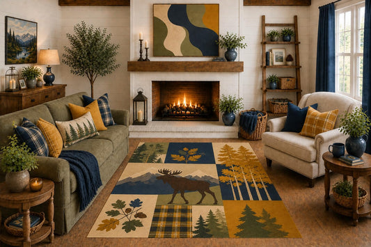 ICE ARMOR "Ultra Light Weight 5' x 7' Rustic Moose Patchwork Area Rug, Woodland Lodge Forest Design for Living Room Cabin Bedroom, Non-Slip Silicone Backing Low Pile