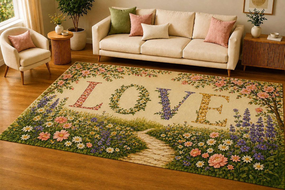 ICE ARMOR 5' x 7' Wildflower Garden Path Love Area Rug, Soft Low Pile Indoor Rug with Non-Slip Silicone Backing, Decorative Carpet for Living Room, Bedroom, Family Room, Beige Pastel