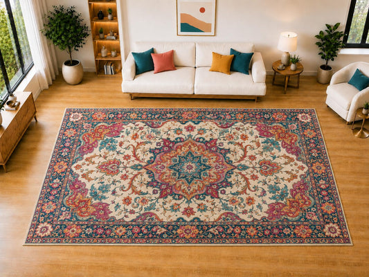 ICE ARMOR "Ultra Light Weight Large 6'7" x 9'10" Classic Floral Medallion Area Rug for Living Room, Bedroom, Dining Room, Soft Low Pile Non-Slip Backing, Navy Coral Teal