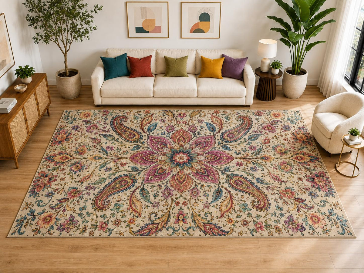 ICE ARMOR "Ultra Light Weight Large 6'7" x 9'10" Paisley Floral Rug, Soft Low Pile Indoor Rug, Non-Slip Silicone Backing for Living Room Beige