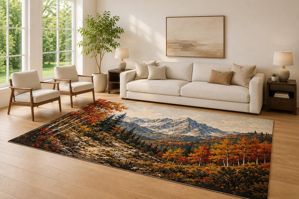 ICE ARMOR Large 6'7" x 9'10" Rust Orange and Blue Autumn Peaks Area Rug for Living Room, Soft Low Pile Carpet with Non-Slip Silicone Backing, Decor for Bedroom and Home Office