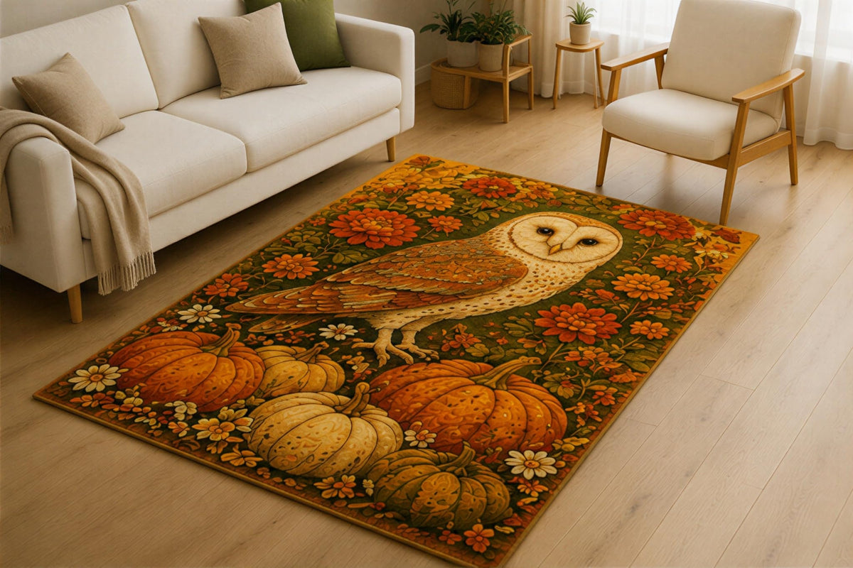ICE ARMOR 5' x 7' Autumn Barn Owl Pumpkin Area Rug for Living Room, Soft Low Pile Indoor Rug with Non-Slip Silicone Backing, Fall Harvest Carpet for Bedroom, Family Room, Kids & Pets, Orange Cream