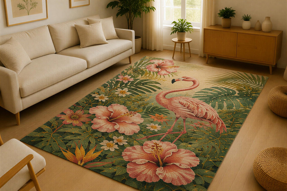ICE ARMOR 5' x 7' Flamingo Tropical Hibiscus Area Rug for Living Room, Soft Low Pile Indoor Rug with Non-Slip Silicone Backing, Botanical Decor for Bedroom, Office, Family Room, Pink Green