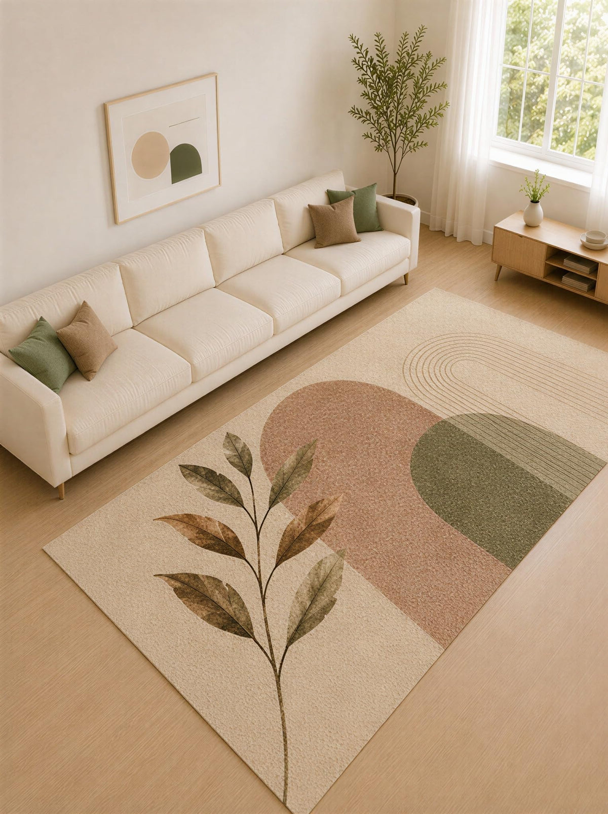 ICE ARMOR Large 6'7" x 9'10" Olive Green and Blush Geometric Leaf Area Rug for Living Room, Soft Low Pile Carpet with Non-Slip Silicone Backing, Decor for Bedroom and Home Office