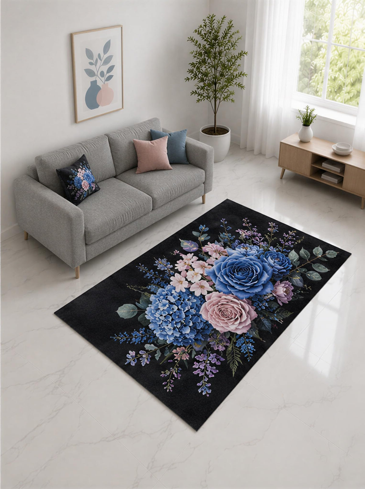 ICE ARMOR "Ultra Lightweight 5' x 7' Blue and Pink Rose Hydrangea Bouquet Area Rug for Living Room, Bedroom and Home Office, Soft Low Pile Carpet with Non-Slip Silicone Backing