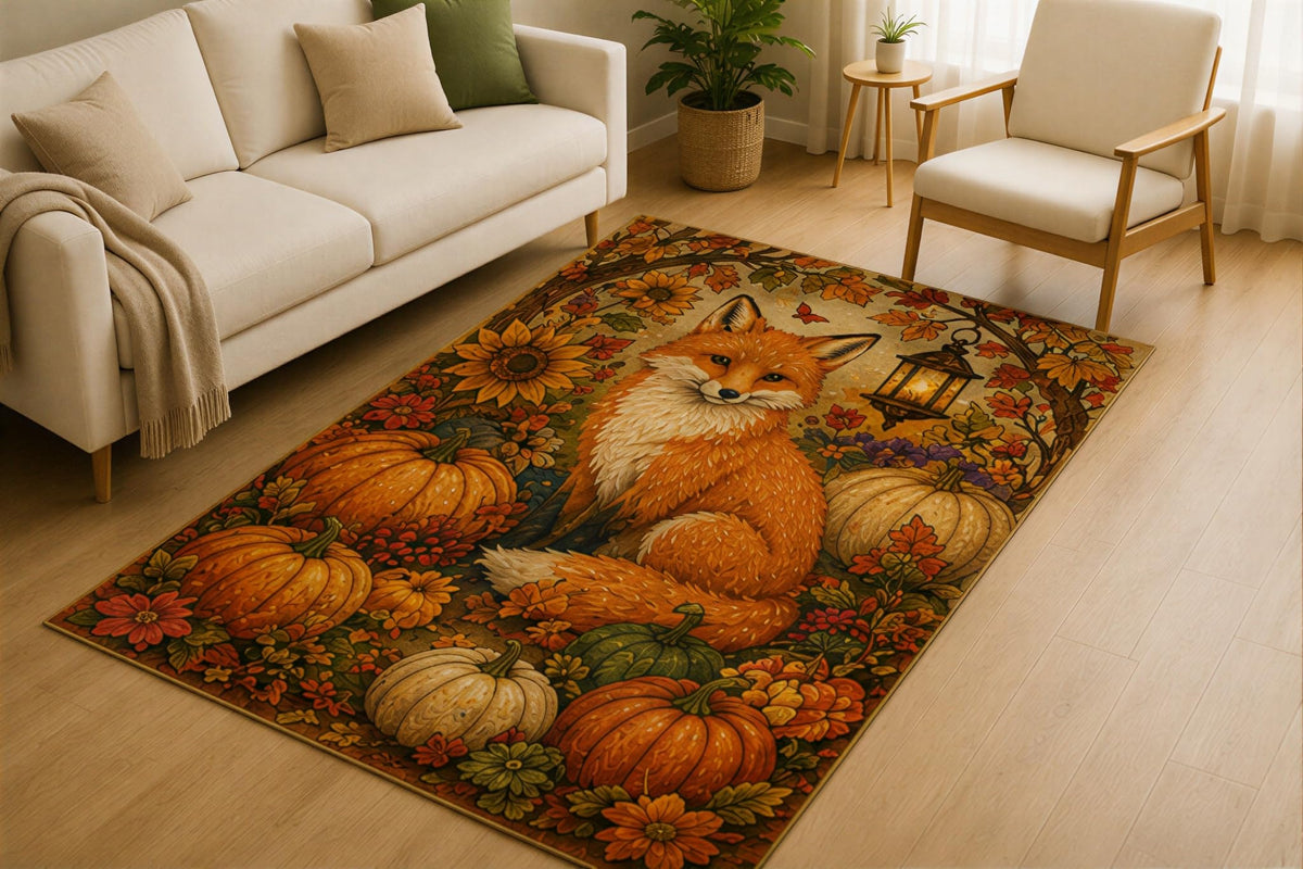 ICE ARMOR 5' x 7' Autumn Pumpkin Fox Area Rug for Living Room, Soft Low Pile Indoor Rug with Non-Slip Silicone Backing, Harvest Decorative Carpet for Bedroom, Family Room, Kids & Pets, Orange Brown