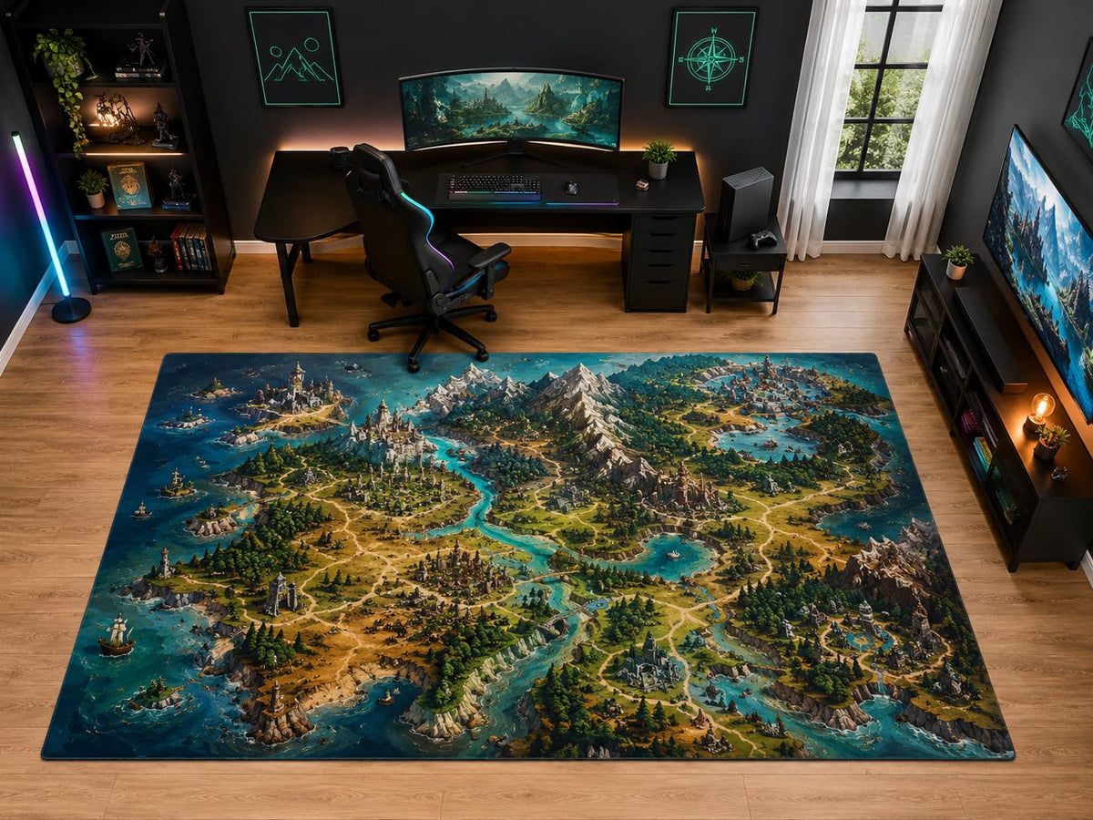 ICE ARMOR "Ultra Light Weight Large 6'7" x 9'10" Fantasy Adventure Map Area Rug for Bedroom Playroom, Soft Low Pile Indoor Rug and Non-Slip Silicone Backing, Blue
