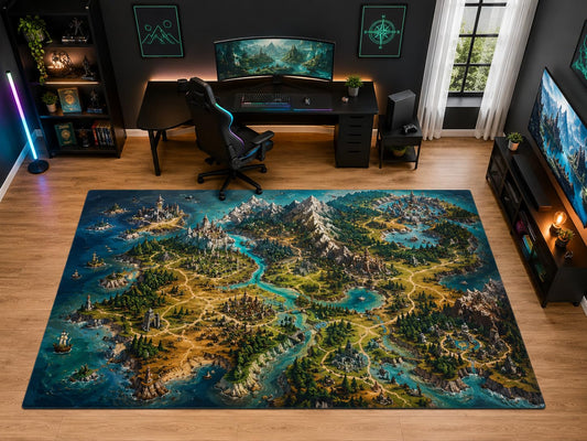 ICE ARMOR "Ultra Light Weight Large 6'7" x 9'10" Fantasy Adventure Map Area Rug for Bedroom Playroom, Soft Low Pile Indoor Rug and Non-Slip Silicone Backing, Blue