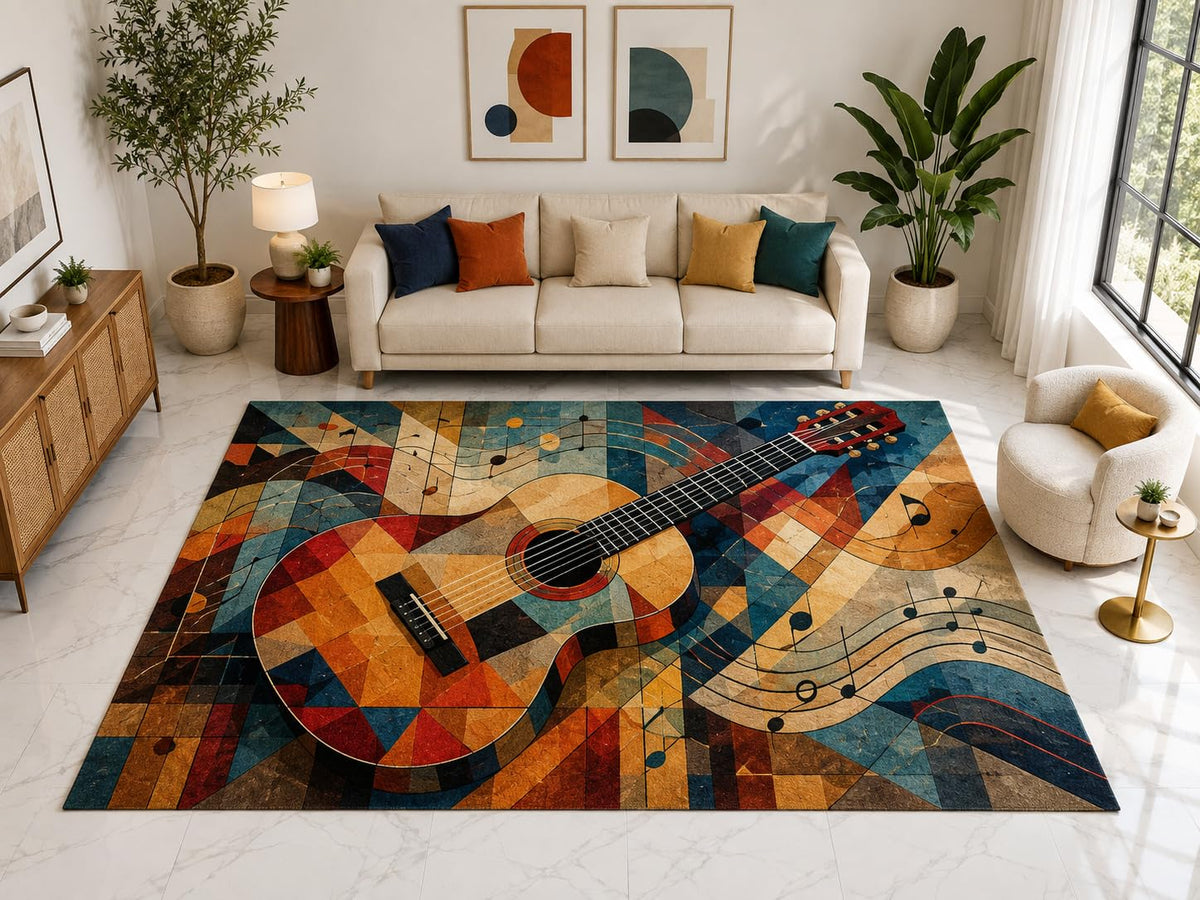 ICE ARMOR "Ultra Light Weight Large 6'7" x 9'10" Guitar Music Notes Rug, Soft Low Pile Indoor Rug, Non-Slip Silicone Backing for Family Room Orange
