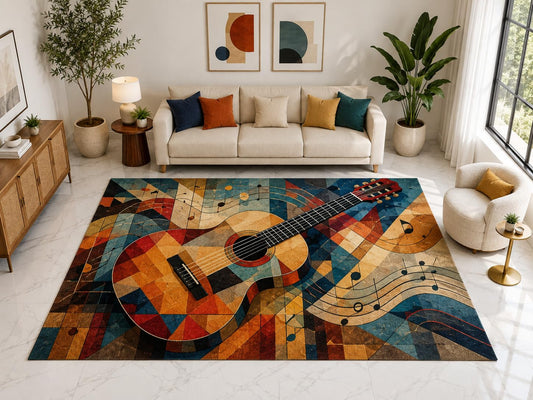 ICE ARMOR "Ultra Light Weight Large 6'7" x 9'10" Guitar Music Notes Rug, Soft Low Pile Indoor Rug, Non-Slip Silicone Backing for Family Room Orange