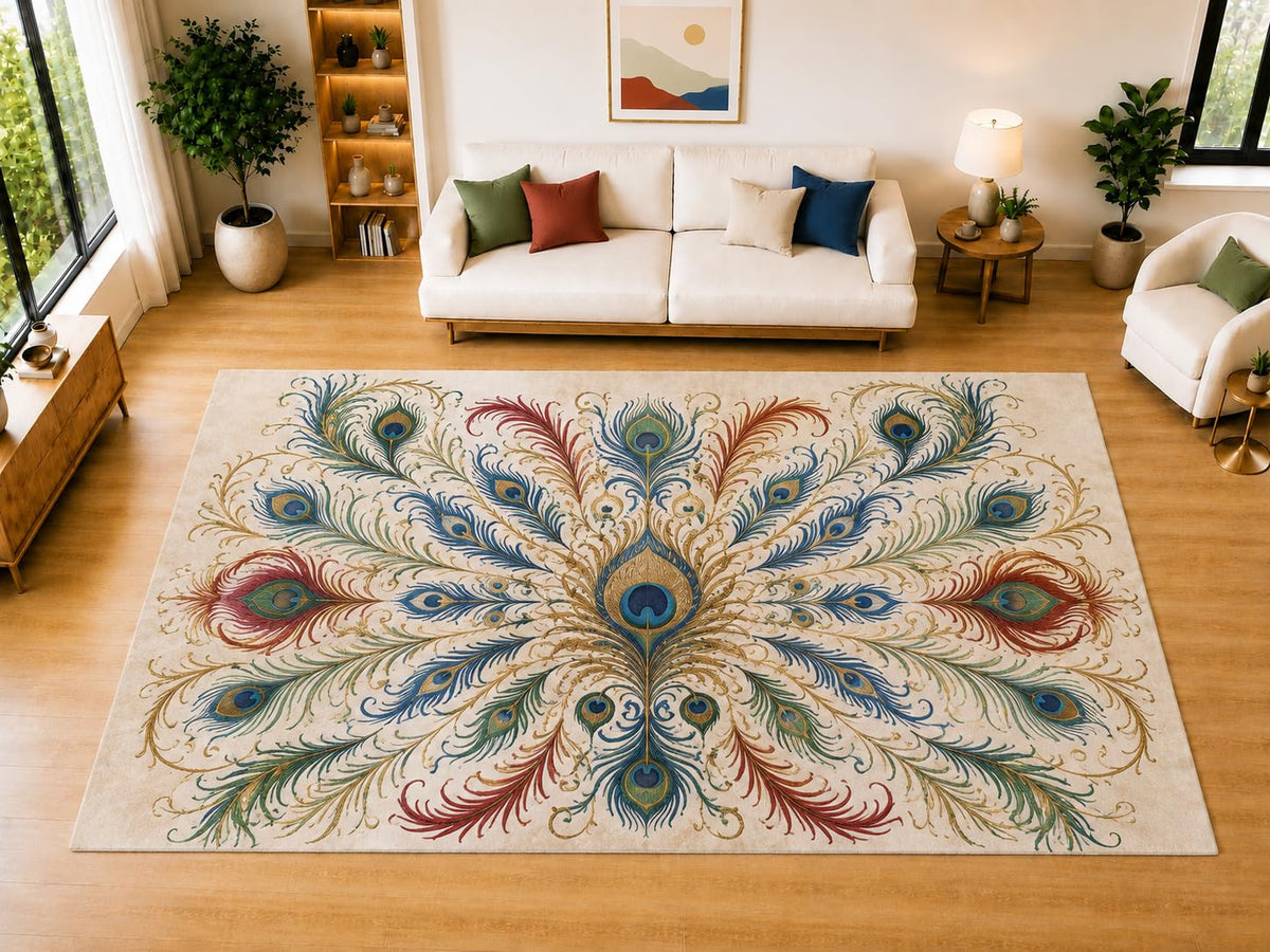 ICE ARMOR "Ultra Light Weight Large 6'7" x 9'10" Peacock Feather Flourish Area Rug for Living Room, Bedroom, Dining Room, Soft Low Pile Non-Slip Backing, Ivory Blue Teal