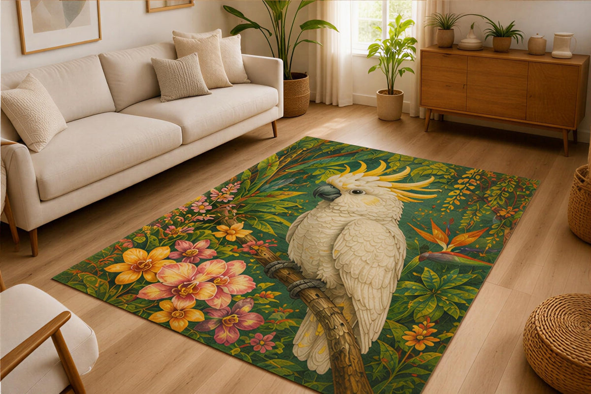 ICE ARMOR 5' x 7' Cockatoo Forest Garden Area Rug Soft Low Pile Indoor Rug with Non Slip Silicone Backing Tropical Bird Decor Carpet for Living Room Bedroom Office Family Room Green