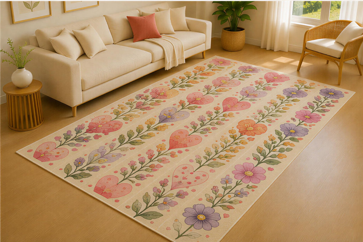 ICE ARMOR 5' x 7' Heart Vine Stripe Area Rug for Living Room, Soft Low Pile Indoor Rug with Non-Slip Silicone Backing, Botanical Carpet for Bedroom, Dining Room, Office, Family Room, Cream Pink