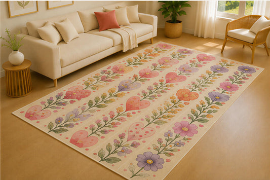 ICE ARMOR 5' x 7' Heart Vine Stripe Area Rug for Living Room, Soft Low Pile Indoor Rug with Non-Slip Silicone Backing, Botanical Carpet for Bedroom, Dining Room, Office, Family Room, Cream Pink