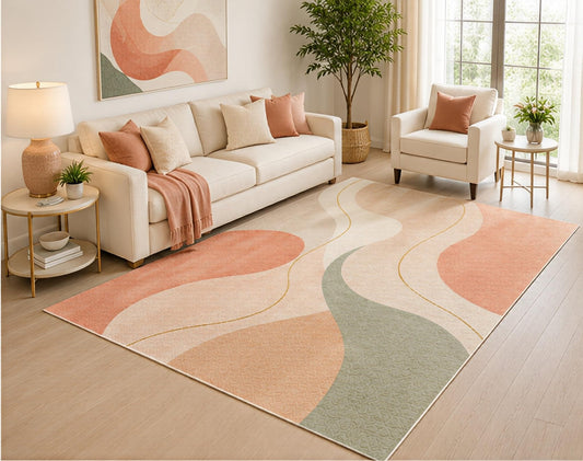 ICE ARMOR 5' x 7' Modern Abstract Area Rug, Blush Pink Sage Green Organic Wave Design for Living Room Bedroom Office, Non-Slip Silicone Backing, Low Pile Carpet