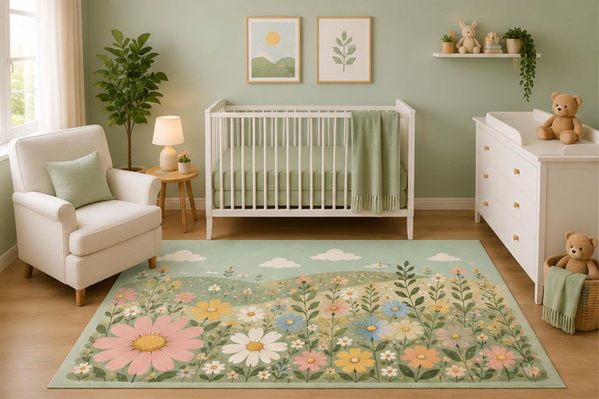 ICE ARMOR 5' x 7' Wildflower Meadow Area Rug for Nursery Room, Pastel Botanical Daisy Garden Landscape Design, Baby Bedroom Decor, Non-Slip Silicone Backing Low Pile
