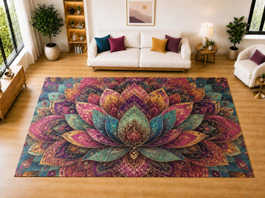 ICE ARMOR "Ultra Light Weight Large 6'7" x 9'10" Layered Lotus Mandala Area Rug for Living Room, Bedroom, Dining Room, Soft Low Pile Non-Slip Backing, Plum Teal Magenta