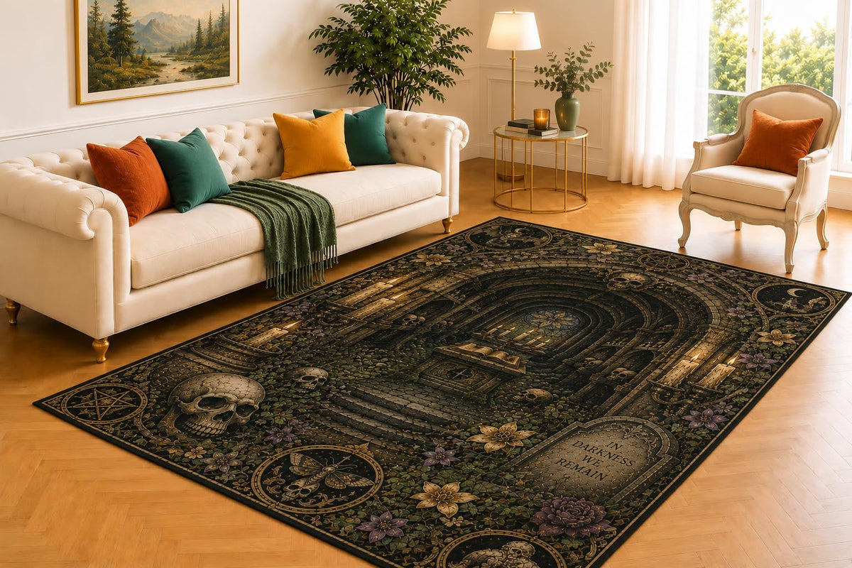 ICE ARMOR 5' x 7' Haunted Crypt Rug, Skull Candle and Ancient Stone Arch Artwork, Smooth Printed Floor Cover for Study, Foyer, Lounge and Macabre Home Decor