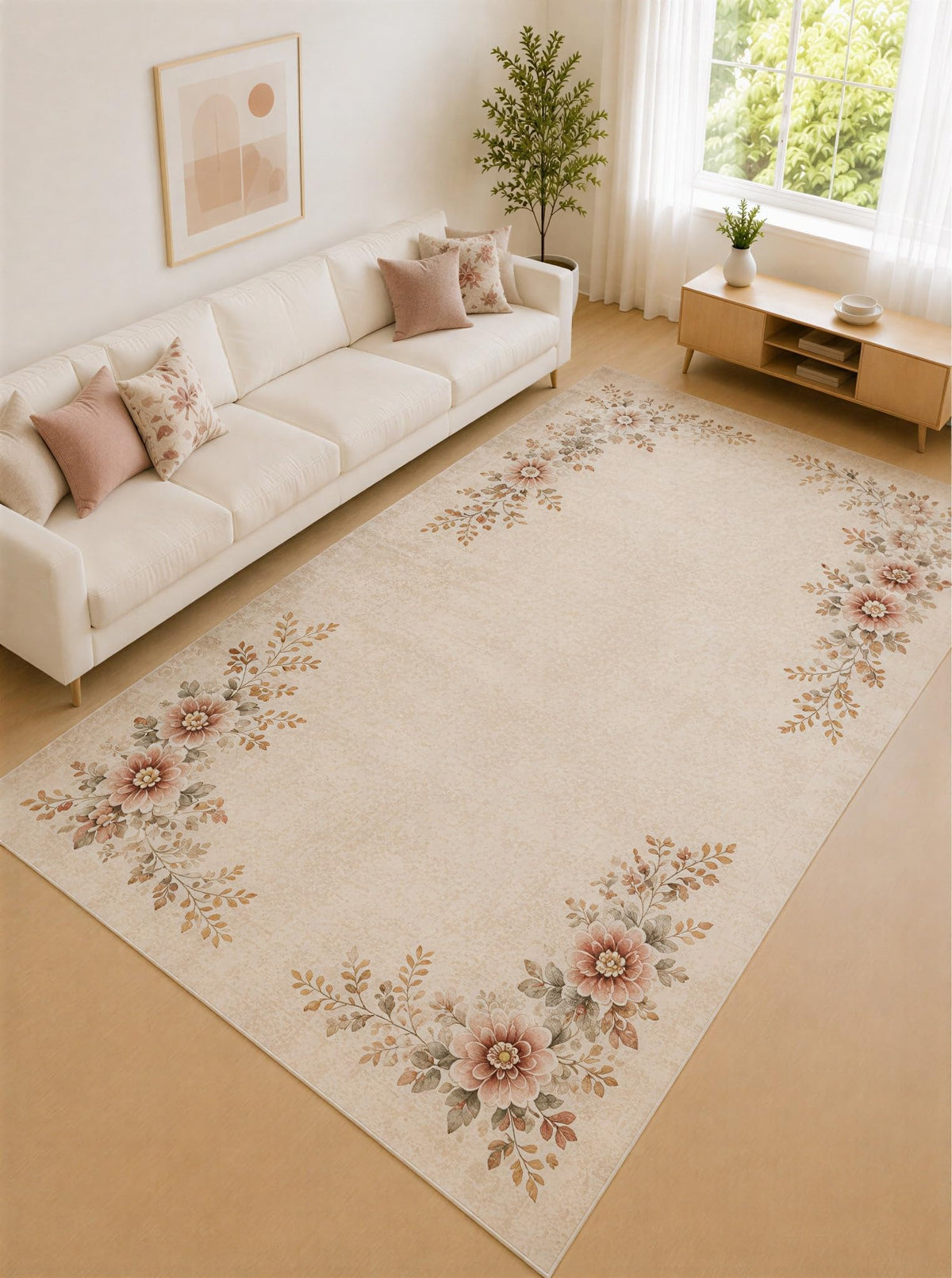 ICE ARMOR "Ultra Lightweight Large 6'7" x 9'10" Cream and Peach Blossom Corner Area Rug for Living Room, Bedroom and Home Office, Soft Low Pile Carpet with Non-Slip Silicone Backing