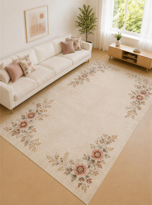 ICE ARMOR "Ultra Lightweight Large 6'7" x 9'10" Cream and Peach Blossom Corner Area Rug for Living Room, Bedroom and Home Office, Soft Low Pile Carpet with Non-Slip Silicone Backing