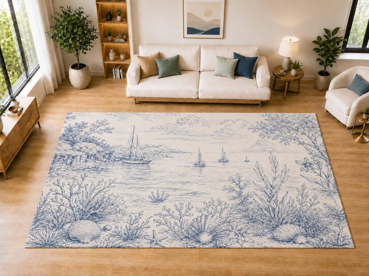 ICE ARMOR "Ultra Light Weight Large 6'7" x 9'10" Coastal Sailboat Coral Area Rug for Dining, Living Room, Bedroom, Soft Low Pile Indoor Rug with Non-Slip Silicone Backing, Blue Ivory