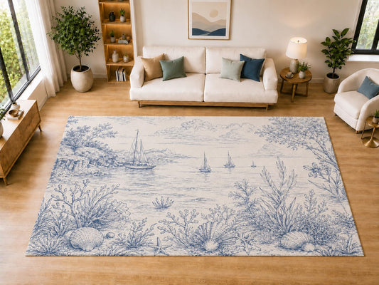 ICE ARMOR "Ultra Light Weight Large 6'7" x 9'10" Coastal Sailboat Coral Area Rug for Dining, Living Room, Bedroom, Soft Low Pile Indoor Rug with Non-Slip Silicone Backing, Blue Ivory