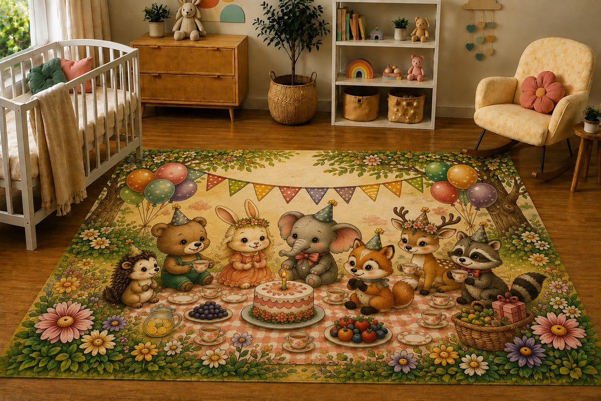 ICE ARMOR 5' x 7' Woodland Animals Birthday Party Area Rug, Soft Low Pile Indoor Rug with Non-Slip Silicone Backing, Nursery, Kids Room, Playroom, Kids & Pets, Beige Pastel