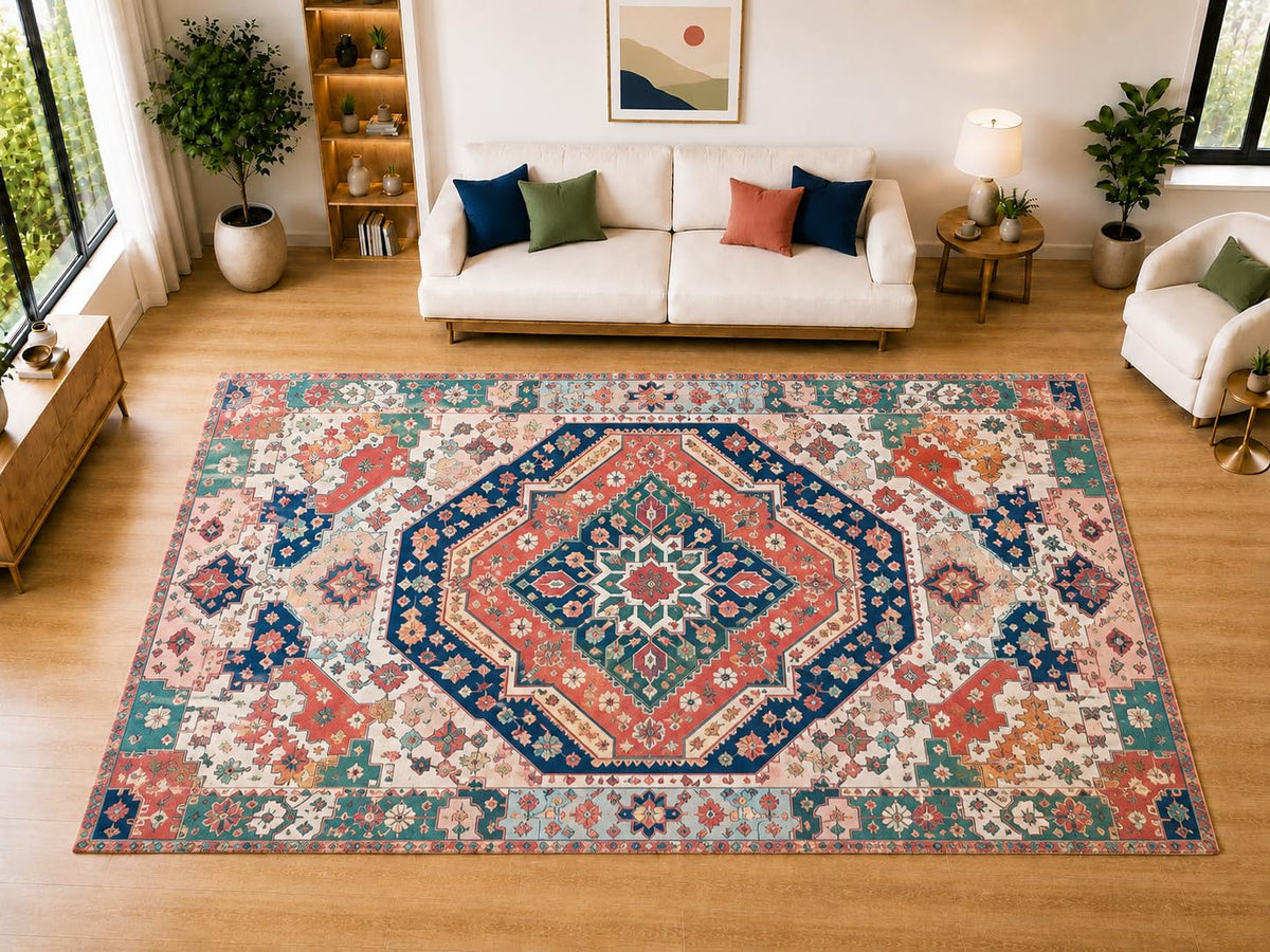 ICE ARMOR "Ultra Light Weight Large 6'7" x 9'10" Geometric Tribal Medallion Area Rug for Living Room, Bedroom, Dining Room, Soft Low Pile Non-Slip Backing, Coral Navy Green Ivory