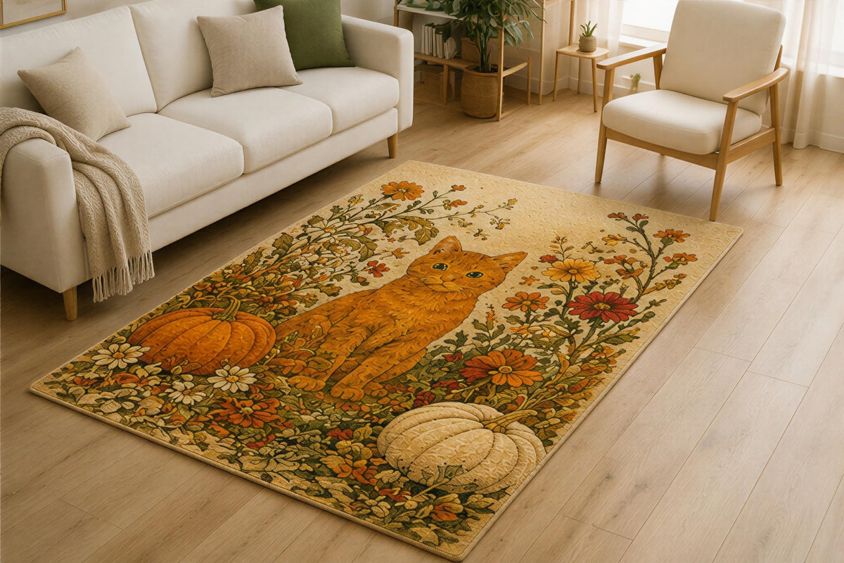 ICE ARMOR 5' x 7' Pumpkin Garden Cat Area Rug for Living Room, Soft Low Pile Indoor Rug with Non-Slip Silicone Backing, Autumn Decorative Carpet for Bedroom, Playroom, Kids & Pets, Cream Orange