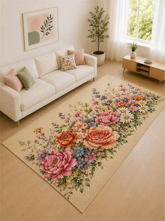 ICE ARMOR "Ultra Lightweight Large 6'7" x 9'10" Pink and Coral Cottage Peony Garden Area Rug for Living Room, Bedroom and Home Office, Soft Low Pile Carpet with Non-Slip Silicone Backing