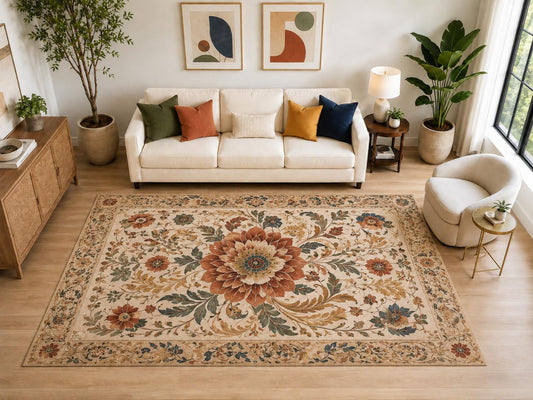 ICE ARMOR "Ultra Light Weight Large 6'7" x 9'10" Vintage Floral Rug, Soft Low Pile Indoor Rug, Non-Slip Silicone Backing for Living Room Beige