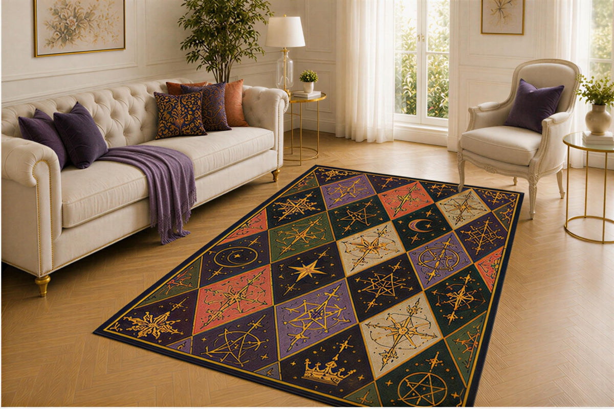 ICE ARMOR 5' x 7' Witchcraft Patchwork Rug, Celestial Sigil and Geometric Tile Design, Smooth Printed Floor Cover for Bedroom, Study, Game Room and Gothic Decor