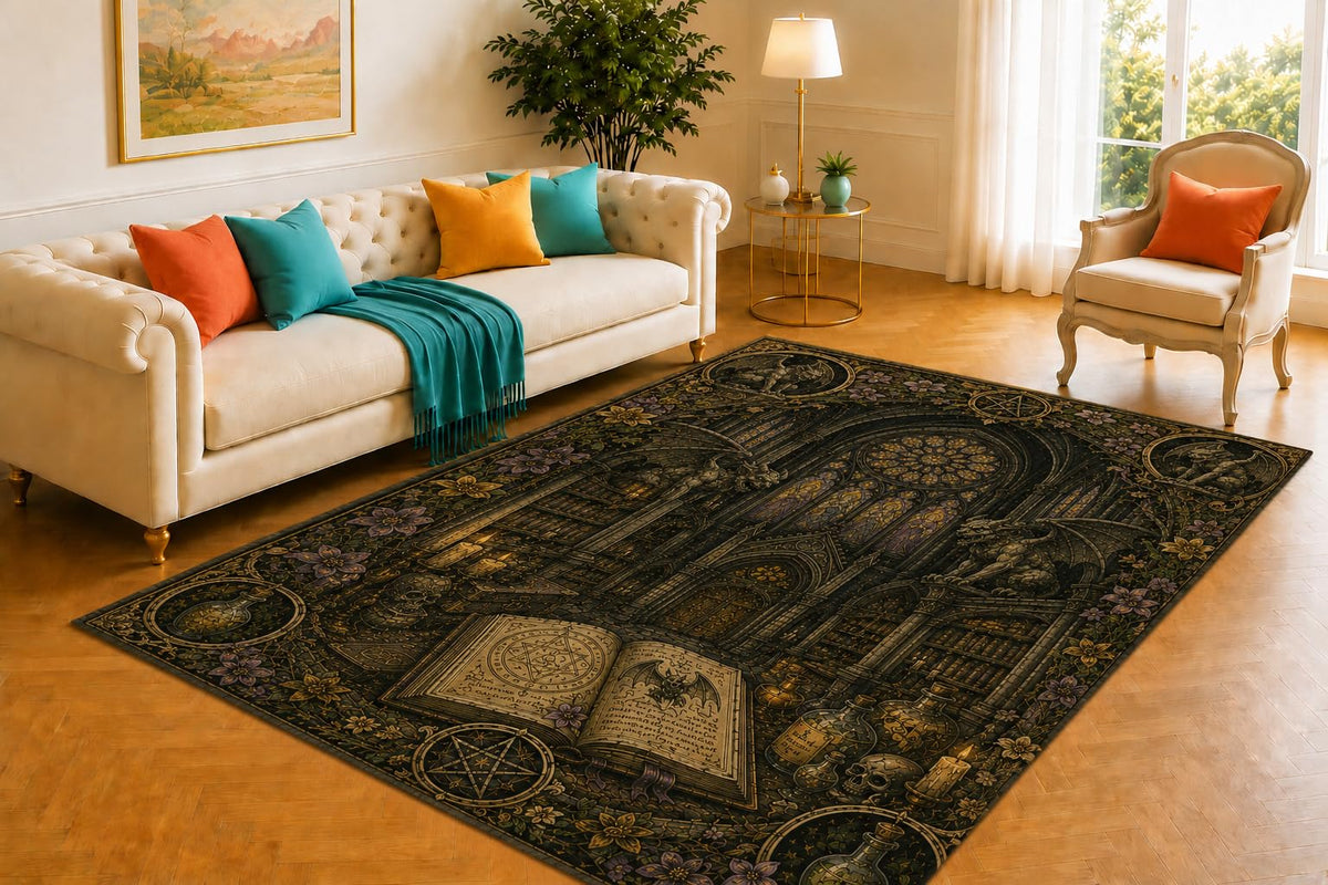 ICE ARMOR 5' x 7' Gothic Cathedral Rug, Bat Gargoyle and Arcane Library Scene, Smooth Printed Floor Cover for Study, Bedroom, Parlor and Haunted Home Decor