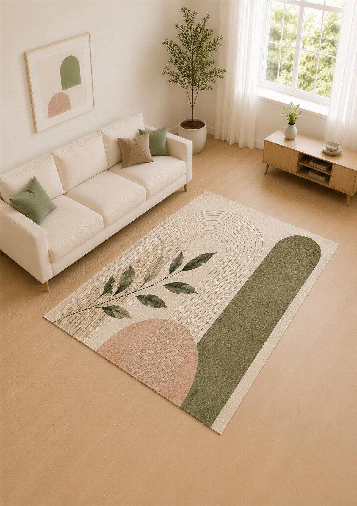 ICE ARMOR Large 6'7" x 9'10" Sage Green and Blush Line Arches Area Rug for Living Room, Soft Low Pile Carpet with Non-Slip Silicone Backing, Decor for Bedroom and Home Office