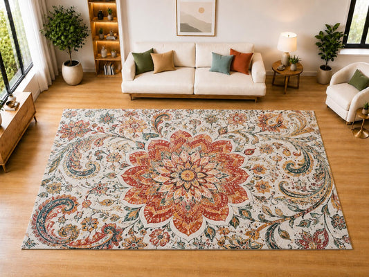 ICE ARMOR "Ultra Light Weight Large 6'7" x 9'10" Boho Floral Mandala Area Rug for Living Room, Bedroom, Dining Room, Soft Low Pile Non-Slip Backing, Burnt Orange Teal Cream