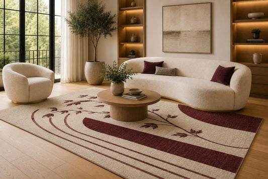 ICE ARMOR 6'7" x 9'10" Burgundy and Cream Botanical Arch Area Rug for Living Room, Soft Low Pile Carpet with Non-Slip Silicone Backing, Floor Decor for Bedroom, Dining Area and Home Office