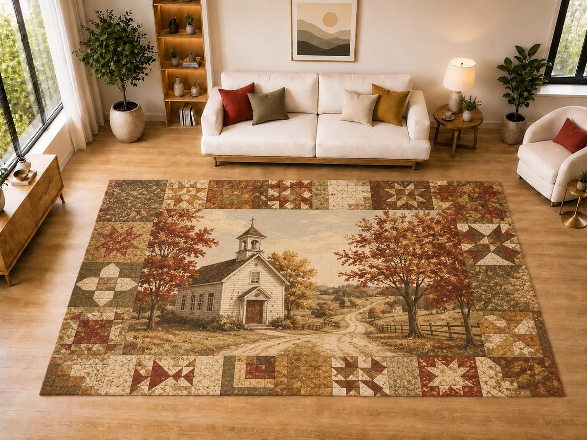 ICE ARMOR "Ultra Light Weight Large 6'7" x 9'10" Autumn Country Church Quilt Area Rug for Living Room, Bedroom, Dining Room, Soft Low Pile Non-Slip Backing, Rust Beige