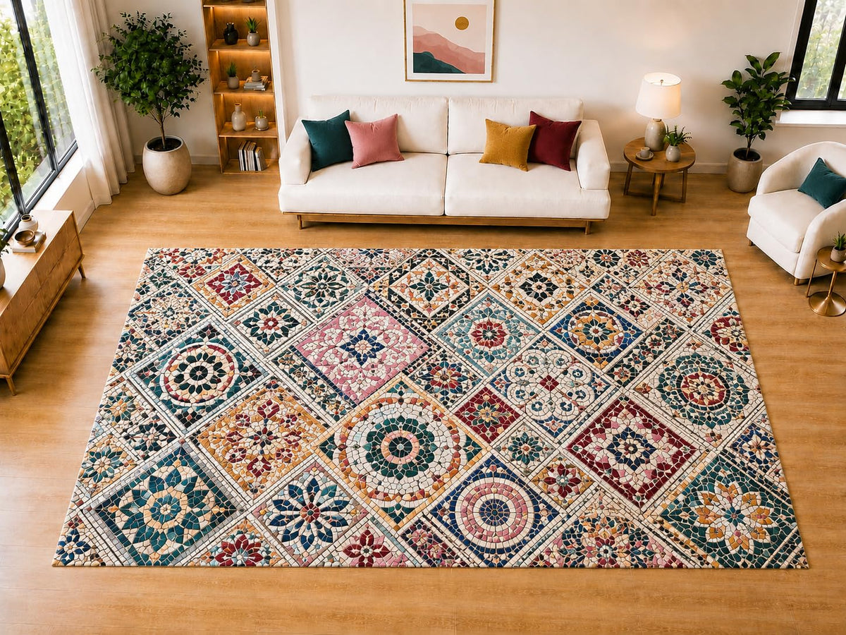 ICE ARMOR "Ultra Light Weight Large 6'7" x 9'10" Mosaic Tile Area Rug for Living Room Bedroom Dining Room, Soft Low Pile Non-Slip Backing, Teal Pink Orange Cream Decorative Geometric Decor