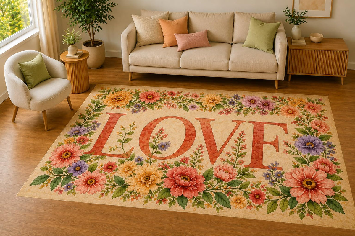 ICE ARMOR 5' x 7' Floral Love Typography Area Rug, Soft Low Pile Indoor Rug with Non-Slip Silicone Backing, Living Room, Bedroom, Family Room, Beige Pink