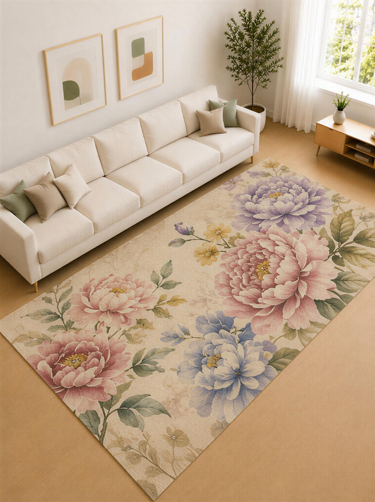 ICE ARMOR Large 6'7" x 9'10" Blush Pink and Beige Peony Garden Area Rug for Living Room, Soft Low Pile Carpet with Non-Slip Silicone Backing, Decor for Bedroom and Home Office