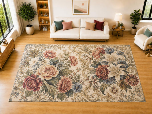 ICE ARMOR "Ultra Light Weight Large 6'7 x 9'10 Vintage Floral Bouquet Area Rug for Living Room, Dining Room, and Bedroom, Soft Low Pile Indoor Rug, Elegant Floor Decor