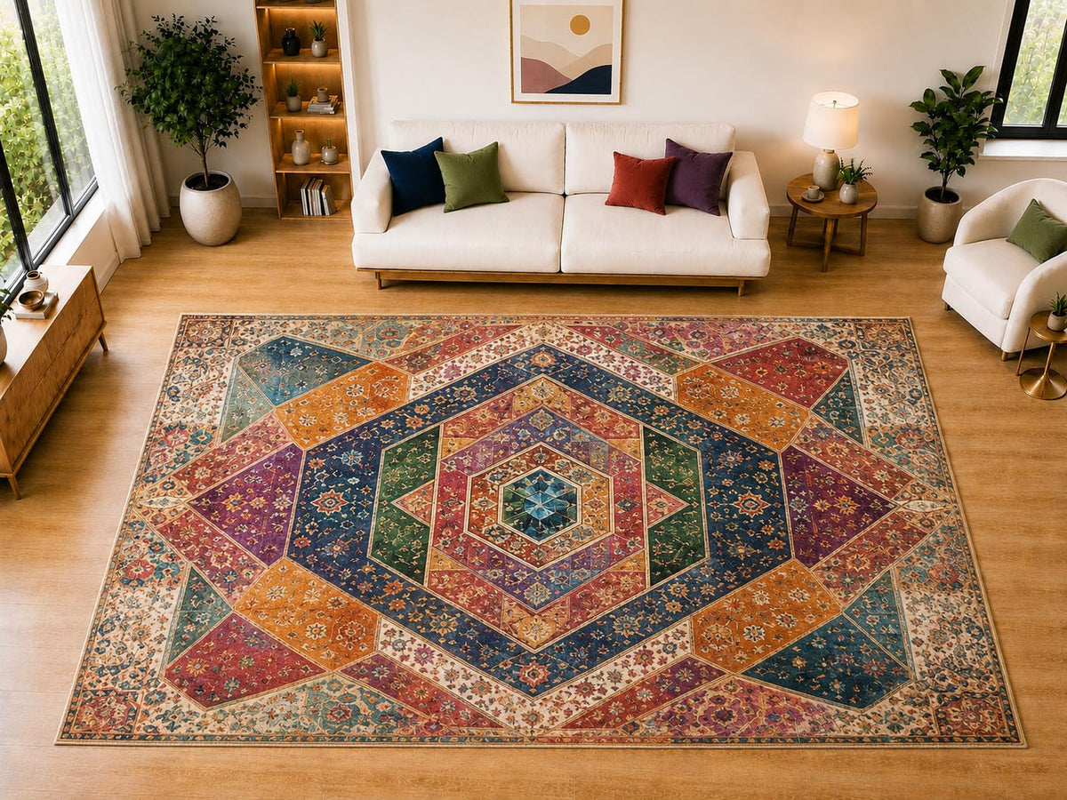 ICE ARMOR "Ultra Light Weight Large 6'7" x 9'10" Hexagon Patchwork Area Rug for Living Room Bedroom Dining Room, Soft Low Pile Non-Slip Backing, Orange Navy Green Burgundy Geometric Decor