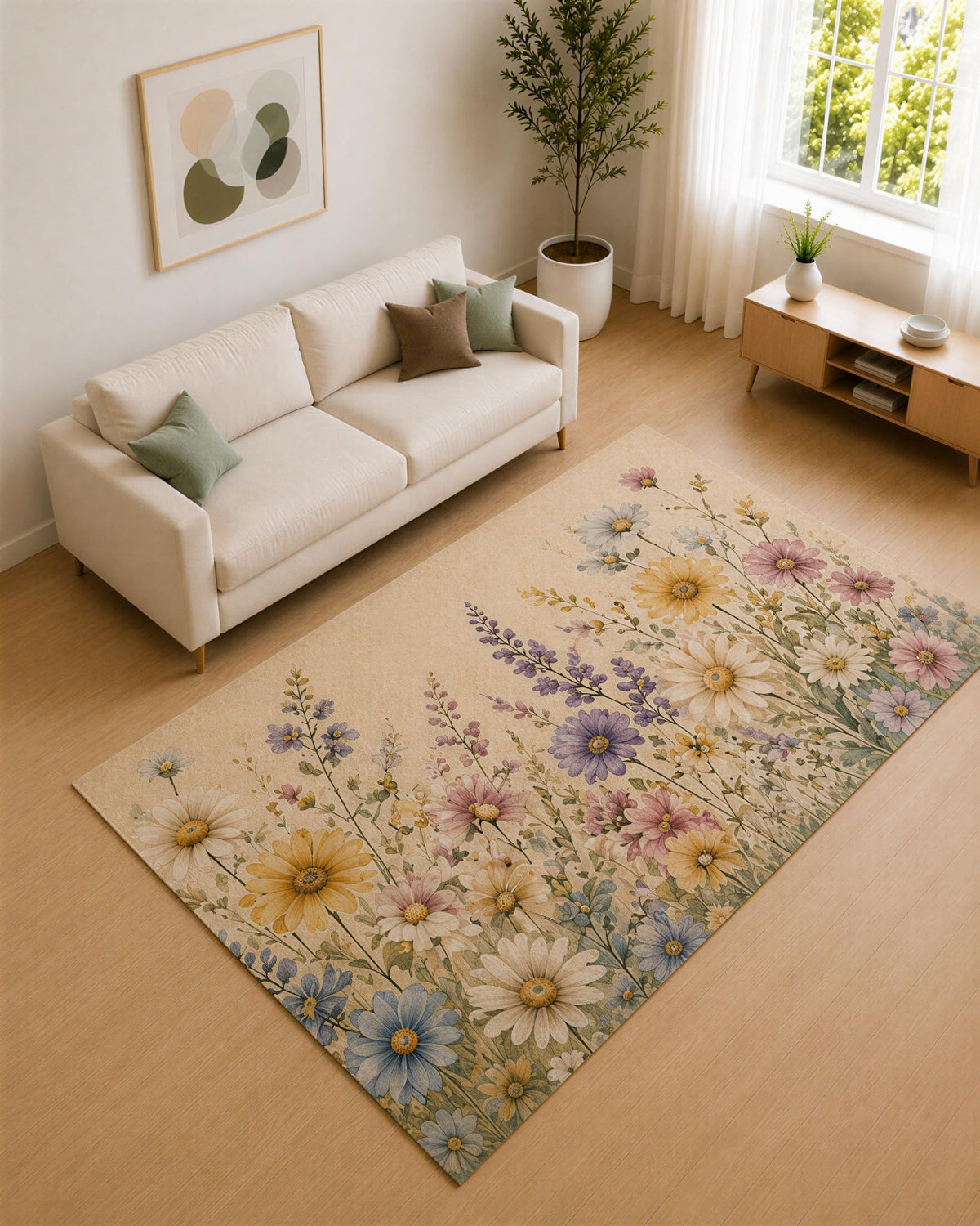 ICE ARMOR 5' x 7' Yellow and Ivory Daisy Meadow Area Rug for Living Room, Soft Low Pile Carpet with Non-Slip Silicone Backing, Decor for Bedroom and Home Office