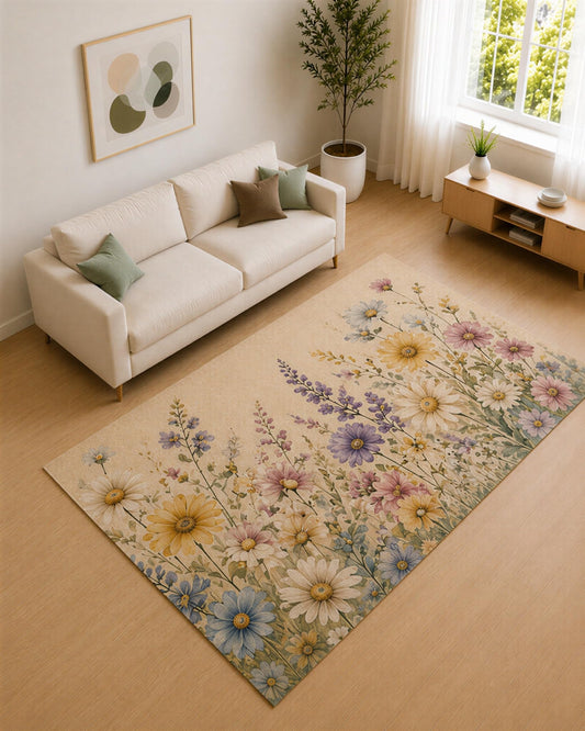 ICE ARMOR 5' x 7' Yellow and Ivory Daisy Meadow Area Rug for Living Room, Soft Low Pile Carpet with Non-Slip Silicone Backing, Decor for Bedroom and Home Office