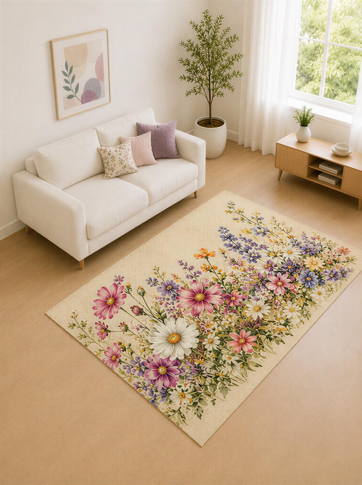 ICE ARMOR "Ultra Lightweight 5' x 7' Pink and Purple Daisy Meadow Garden Area Rug for Living Room, Bedroom and Home Office, Soft Low Pile Carpet with Non-Slip Silicone Backing