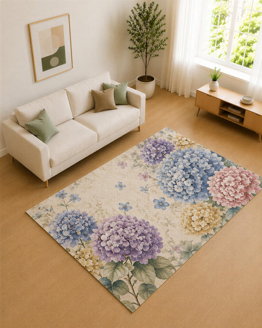 ICE ARMOR 5' x 7' Blue and Lavender Hydrangea Bloom Area Rug for Living Room, Soft Low Pile Carpet with Non-Slip Silicone Backing, Decor for Bedroom and Home Office