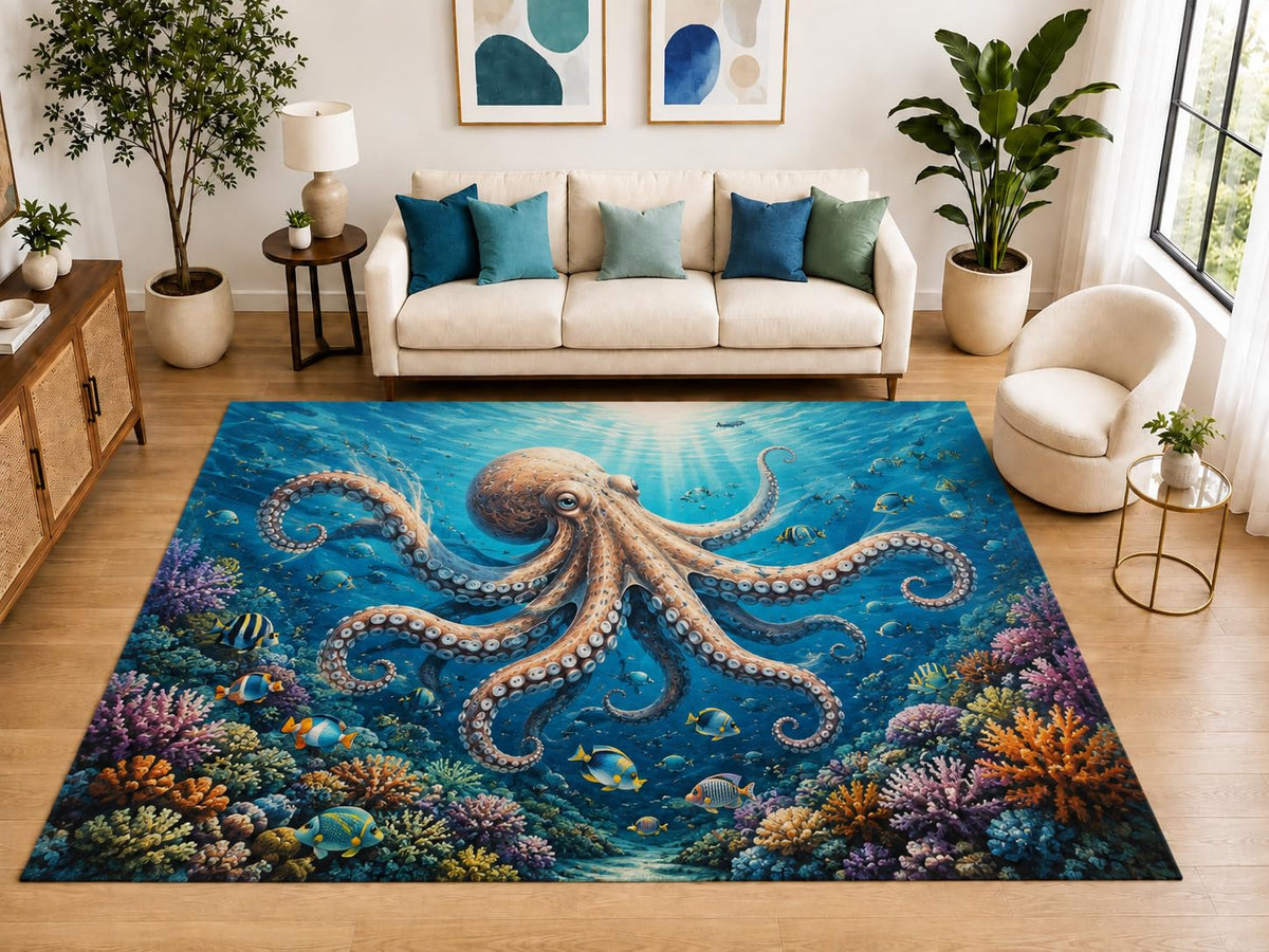 ICE ARMOR "Ultra Light Weight Large 6'7" x 9'10" Octopus Reef Rug Family Room, Soft Low Pile Indoor Rug and Non-Slip Silicone Backing, Ocean Blue