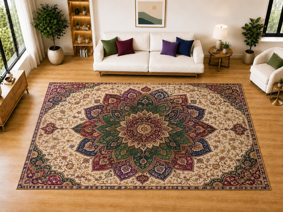 ICE ARMOR "Ultra Light Weight Large 6'7" x 9'10" Jewel Petal Medallion Area Rug for Living Room, Bedroom, Dining Room, Soft Low Pile Non-Slip Backing, Ivory Green Burgundy Purple