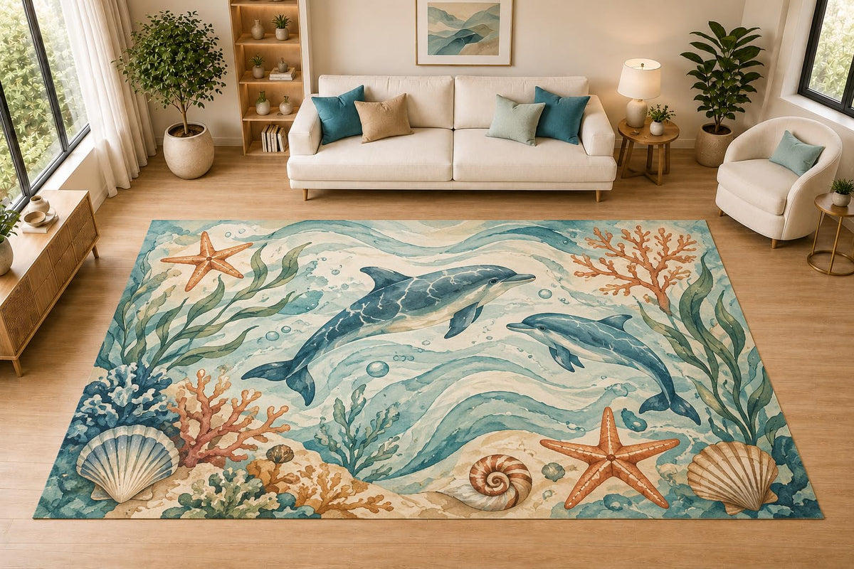 ICE ARMOR "Ultra Light Weight Large 6'7" x 9'10" Dolphin Starfish Coral Decor, Living Room, Bedroom, Dining Room, Office, Family Room, Soft Low Pile Indoor Rug, Non-Slip Silicone Backing, Aqua